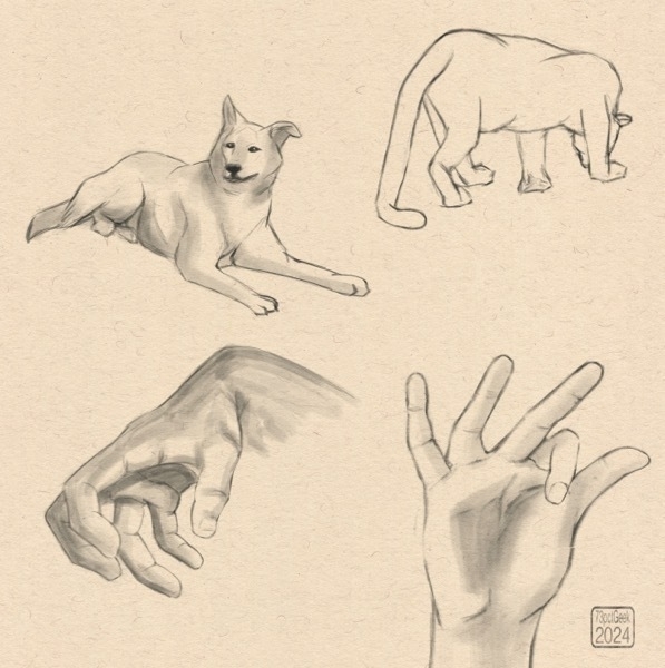 Digital sketches of a dog, a big cat, and two different hands in different poses