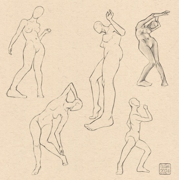 Digital sketches of five different nude figures in various foreshortened poses.