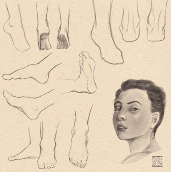 Digital sketches of three pairs of feet, and six individual feet in different poses, and a portrait of a woman.