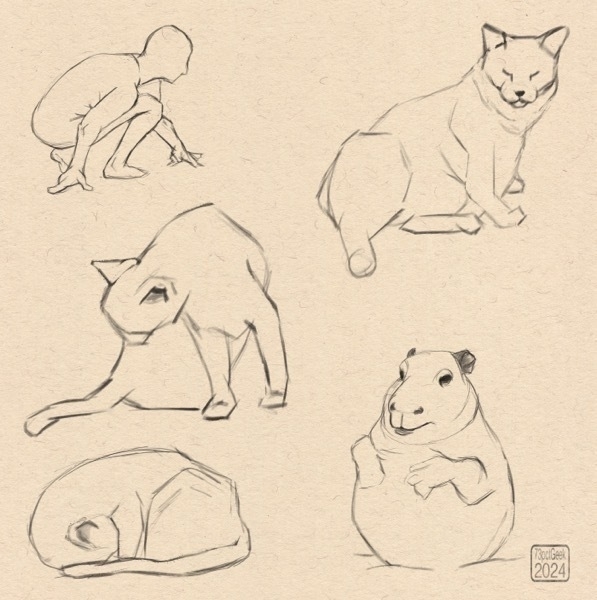 Quick digital sketches of three different cats, a crouching man, and a capybara.