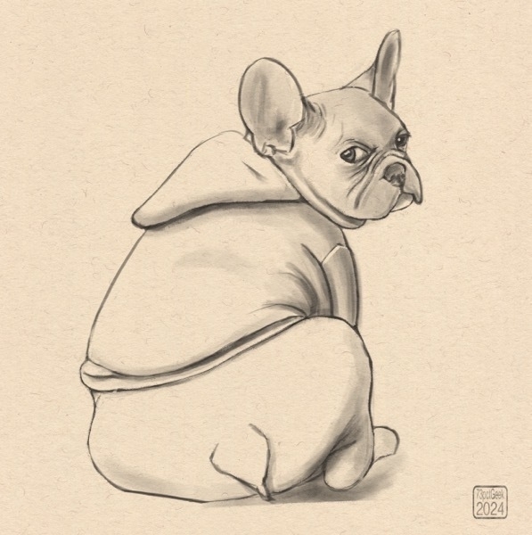 Digital sketch of a French Bulldog wearing a hoodie, sitting with its back towards the viewer as it peers over its shoulder at the viewer.