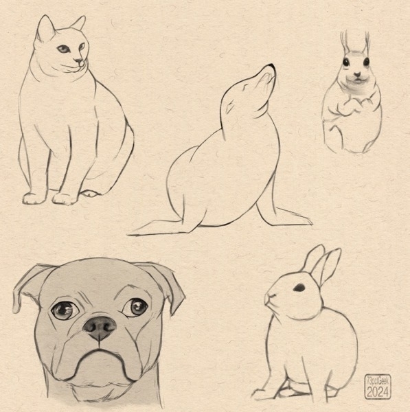 Digital sketches of a cat, a sea lion, a squirrel, a bunny, and the head of a pug.