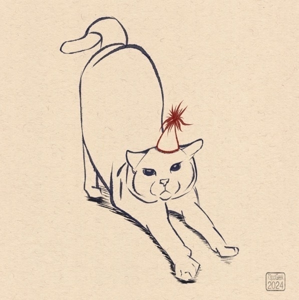 Digital ink sketch of a cat wearing a party hat.